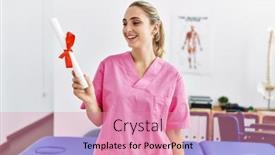  Presentation with physiotherapy - Theme having young-blonde-woman-wearing-physiotherapist background and a coral colored foreground