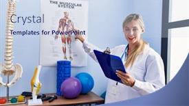  Presentation with physiotherapy - Presentation theme consisting of young-blonde-woman-wearing-physiotherpist background and a sky blue colored foreground