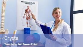  Presentation with anatomy - PPT theme having young-blonde-woman-wearing-physiotherpist background and a teal colored foreground