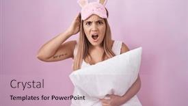  Presentation with woman hands open - Slide set having young-blonde-woman-wearing-pyjama background and a soft green colored foreground