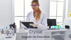  Presentation with scientist - Presentation theme having young-blonde-woman-wearing-scientist background and a light gray colored foreground