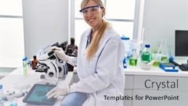  Presentation with scientist - PPT layouts enhanced with young-blonde-woman-wearing-scientist background and a light gray colored foreground