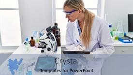  Presentation with scientist - Slides with young-blonde-woman-wearing-scientist background and a light blue colored foreground