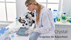  Presentation with scientist - Slide set enhanced with young-blonde-woman-wearing-scientist background and a light gray colored foreground