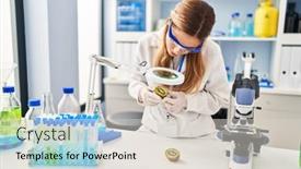  Presentation with magnifying glass - PPT theme consisting of young-blonde-woman-wearing-scientist background and a lemonade colored foreground