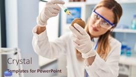  Presentation with scientist - Slide set featuring young-blonde-woman-wearing-scientist background and a  colored foreground