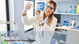  Presentation with kiwi - Presentation design having young-blonde-woman-wearing-scientist background and a light blue colored foreground