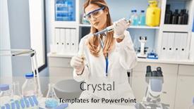  Presentation with pipette - PPT theme with young-blonde-woman-wearing-scientist background and a light gray colored foreground