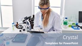  Presentation with scientist - Slide set enhanced with young-blonde-woman-wearing-scientist background and a seafoam green colored foreground