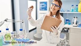  Presentation with kiwi - PPT theme with young-blonde-woman-wearing-scientist background and a  colored foreground