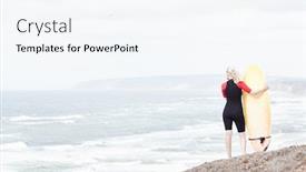  Presentation with water sports - Colorful PPT layouts enhanced with young blonde woman wearing shorty wetsuit standing on beach with surfboard in her hands reading waves and preparing for surfing session - water sports concept baleal peniche portugal backdrop and a sky blue colored foreground