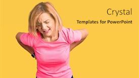  Presentation with backache - PPT theme having young-blonde-woman-wearing-sportswear background and a yellow colored foreground