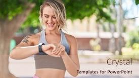  Presentation with sportswear - Presentation theme with young-blonde-woman-wearing-sportswear background and a  colored foreground