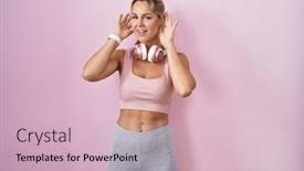  Presentation with sportswear - Slide deck having young-blonde-woman-wearing-sportswear background and a soft green colored foreground