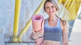  Presentation with sportswear - Presentation design enhanced with young-blonde-woman-wearing-sportswear background and a light blue colored foreground
