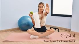  Presentation with sing - Presentation design enhanced with young-blonde-woman-wearing-sportswear background and a coral colored foreground