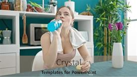  Presentation with beverage - Presentation having young-blonde-woman-wearing-sportswear background and a coral colored foreground