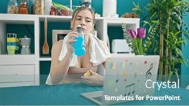  Presentation with beverage - Presentation theme consisting of young-blonde-woman-wearing-sportswear background and a teal colored foreground