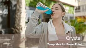  Presentation with beverage - PPT theme enhanced with young-blonde-woman-wearing-sportswear background and a gray colored foreground