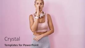  Presentation with talk - Slide set having young-blonde-woman-wearing-sportswear background and a soft green colored foreground