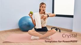  Presentation with late - PPT layouts featuring young-blonde-woman-wearing-sportswear background and a coral colored foreground