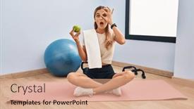  Presentation with sportswear - Slides having young-blonde-woman-wearing-sportswear background and a coral colored foreground