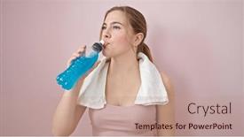  Presentation with beverage - Theme consisting of young-blonde-woman-wearing-sportswear background and a coral colored foreground