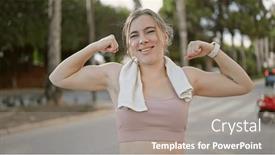  Presentation with sportswear - PPT theme enhanced with young-blonde-woman-wearing-sportswear background and a  colored foreground