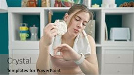  Presentation with rice cake - Presentation theme having young-blonde-woman-wearing-sportswear background and a coral colored foreground