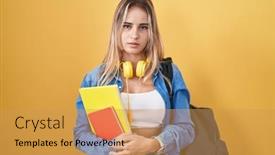  Presentation with student - PPT layouts enhanced with young-blonde-woman-wearing-student background and a yellow colored foreground
