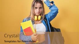  Presentation with student - PPT layouts consisting of young-blonde-woman-wearing-student background and a  colored foreground