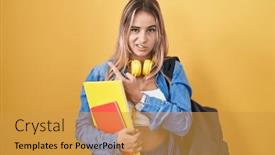  Presentation with forefinger - Presentation theme consisting of young-blonde-woman-wearing-student background and a gold colored foreground