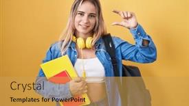  Presentation with student - PPT theme with young-blonde-woman-wearing-student background and a  colored foreground