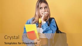  Presentation with anxiety - Presentation theme having young-blonde-woman-wearing-student background and a yellow colored foreground
