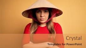  Presentation with rice paddy - Slide set having young-blonde-woman-wearing-traditional background and a yellow colored foreground