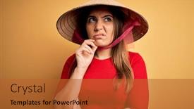  Presentation with rice paddy - Amazing PPT layouts having young-blonde-woman-wearing-traditional backdrop and a red colored foreground