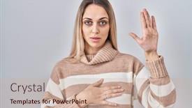  Presentation with hand palm - PPT theme enhanced with young-blonde-woman-wearing-turtleneck background and a soft green colored foreground
