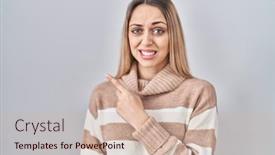  Presentation with forefinger - Presentation theme enhanced with young-blonde-woman-wearing-turtleneck background and a soft green colored foreground