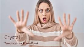  Presentation with panic - PPT theme with young-blonde-woman-wearing-turtleneck background and a coral colored foreground