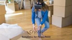  Presentation with simulation - Audience pleasing slide deck consisting of young blonde woman wearing virtual reality glasses playing a simulation game around cardboard boxes moving to a new house backdrop and a coral colored foreground