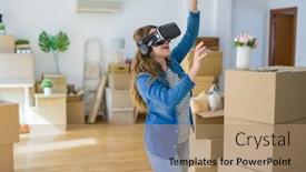  Presentation with simulation - Presentation theme with young blonde woman wearing virtual reality glasses playing a simulation game around cardboard boxes moving to a new house background and a coral colored foreground