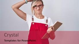  Presentation with waiter - PPT theme enhanced with young-blonde-woman-wearing-waiter background and a crimson colored foreground