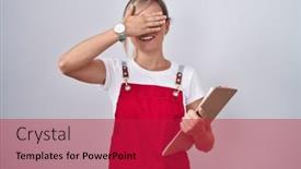  Presentation with waiter - Presentation theme consisting of young-blonde-woman-wearing-waiter background and a crimson colored foreground