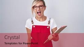  Presentation with waiter - PPT theme with young-blonde-woman-wearing-waiter background and a crimson colored foreground