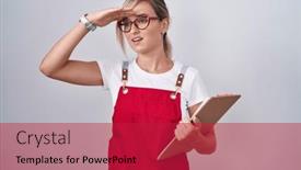  Presentation with far away - Presentation theme featuring young-blonde-woman-wearing-waiter background and a  colored foreground