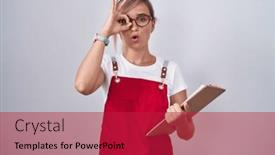  Presentation with waiter - Presentation design with young-blonde-woman-wearing-waiter background and a crimson colored foreground