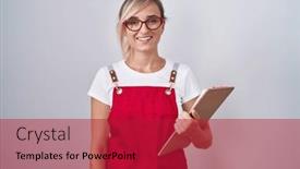  Presentation with waiter - PPT theme enhanced with young-blonde-woman-wearing-waiter background and a  colored foreground