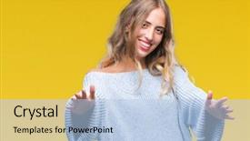  Presentation with hug - Audience pleasing PPT theme consisting of young blonde woman wearing winter backdrop and a  colored foreground