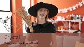  Presentation with costume - PPT theme with young-blonde-woman-wearing-witch background and a tawny brown colored foreground