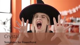  Presentation with costume - PPT theme enhanced with young-blonde-woman-wearing-witch background and a tawny brown colored foreground